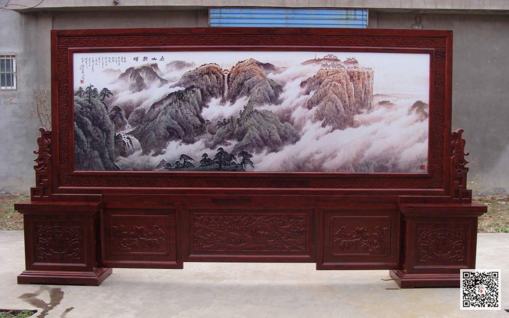 酒店国画实木屏风_酒店大堂屏风壁画