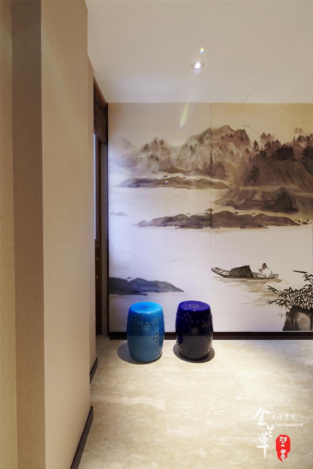 郑州别墅手绘山水画_别墅国画壁画